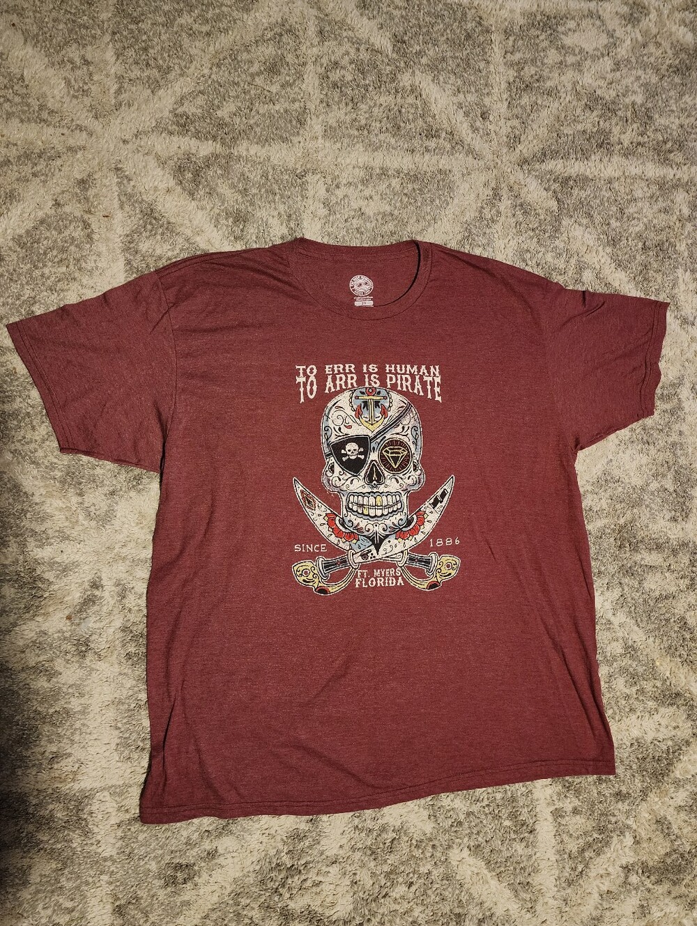 Pirate Skull Graphic Maroon Tee Men's 2X "To Arr Is Pirate" Ft. Myers Florida